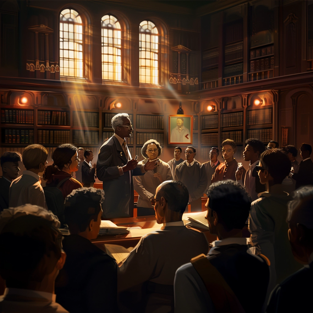 This image depicts an academic gathering in what appears to be a grand library or lecture hall. Sunlight streams through tall arched windows, casting rays that illuminate the room and create a warm, reverent atmosphere. Shelves brimming with books and a large portrait on the back wall suggest a place of learning and history. In the center stands an older African-American male, wearing glasses and dressed in formal academic attire. He is speaking and gesturing with an expressive hand, drawing the attention of the surrounding audience. The audience is a diverse group of individuals, some standing and others seated at wooden tables with open books, indicative of a scholarly debate or discussion. Their attention is focused on the speaker, with expressions ranging from thoughtful to engaged. The overall mood is one of serious contemplation and respectful exchange of ideas. The image conveys a sense of gravitas and the importance of the discussion taking place.