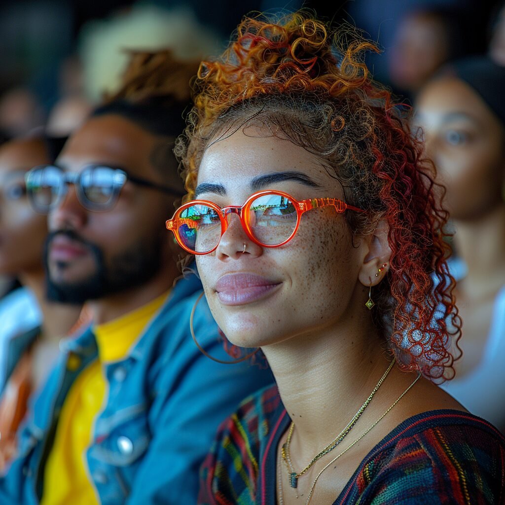 A young woman, with adorable, reddish-brown curly hair styled in a bun, is the star of this picture. She's wearing super cool, bright orange-tinted glasses that look like they're straight out of an anime. Her skin has lovely little freckles sprinkled across it. She's wearing a statement necklace and large hoop earrings, and a lovely patterned top. She looks thoughtful and happy, like she's enjoying something. The background is a bit blurry, but you can see other people, also looking interested. It's a nice, cozy scene, like a concert or a gathering of friends.