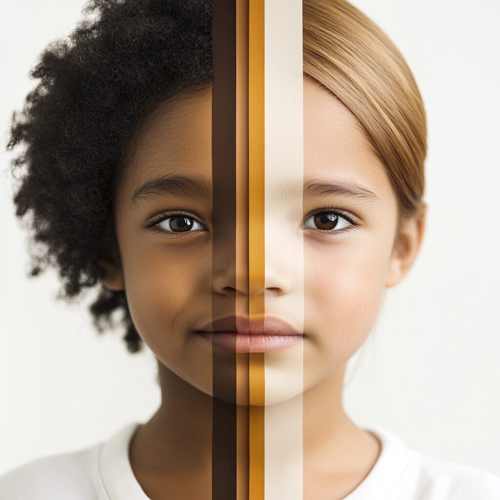 Aw, this pic is so cute! It's a portrait of a young girl, and it's kinda special. Her face is split down the middle, showing different skin tones. It's like a rainbow of skin colors, all mixed together on her face. It looks like a mix of different ethnicities, all in one person. It's a really cool way to show how beautiful diversity is! It's a cute way to show everyone is beautiful in their own way.